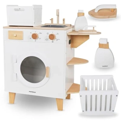 Imagen de Mamabrum lavadora de madera para niños 3+ con plancha, cesta y líquido lavandería, juego lavandería juguete detergente niños, infantil tabla planchar