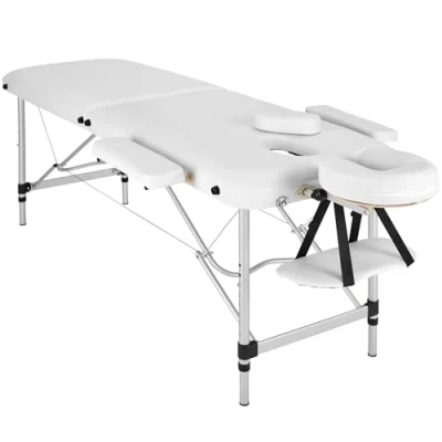 Imagen de TecTake® Camilla Masaje Plegable, Profesional Fisioterapia, Quiromasaje, Tatuajes, Reiki, Estética de Aluminio, Ajustable en Altura, 2 Zonas, con Bolsa Transporte Blanco