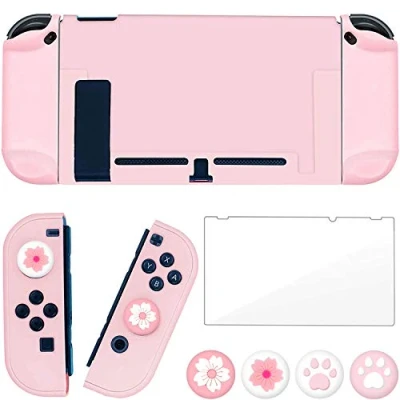 Imagen de OLDZHU Funda Protectora Compatible con NS Switch,Funda Rosada Delgada y acoplable para Consola Controladores Joy con,con Protector de Pantalla Cristal,4Tapas Agarre el Pulgar (Rosado)
