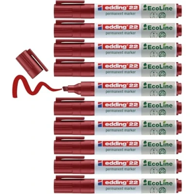 Imagen de edding 22 EcoLine marcador permanente rojo 10 rotuladores punta biselada 1 5mm indeleble de secado rápido resistente al agua y los borrones cartón plástico madera metal tela universal