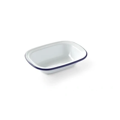 Imagen de HENDI Fuente Plato Bandeja Cuenco Bol Tazón rectangular esmaltado para horno de cocina, preparar diferentes platos, postres, tartas, 175x130x(H)40 mm, acero blanco con borde azul