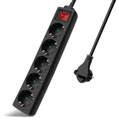 Imagen de EXTRASTAR Regleta Alargador con 5 Enchufes e Interruptor, Cable 1.5M Clavija Plana, para el hogar, Oficina y Viajes, 16A, 250V, 3680W, Negro