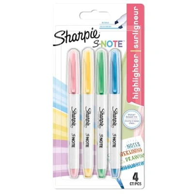 Imagen de SHARPIE S Note subrayadores pastel, Resaltadores para subrayar, escribir, dibujar y mucho más, Punta biselada, colores pasteles surtidos, 4 rotuladores, material escolar ideal