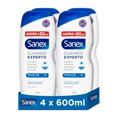 Imagen de Sanex Cuidado Experto Protector Gel de Ducha, Pack 4 Uds x 600ml, Fórmula con Prebiótico Natural, Fortalece la Barrera Protectora Piel, 12H Hidratación, 0% Sulfatos, para Todo Tipo Piel