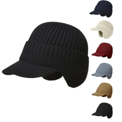 Imagen de Gorro De Punto Elástico Y Cálido con Protección para Las Orejas, Invierno Hombre Visera, Orejeras (Negro)