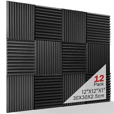 Imagen de espuma acústica con 60 pegatinas de doble cara, 12 unidades acústico negra para podcasts, estudios grabación, oficinas, aprendizaje en casa, estera (30 x 30 2,5 cm)