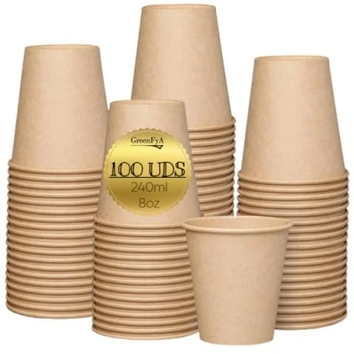Imagen de GreenFyA 100 Vasos De Papel 240ml (8oz) Ecológicos Compostables Biodegradables Desechables apto Cafe Agua Bebidas Calientes etc