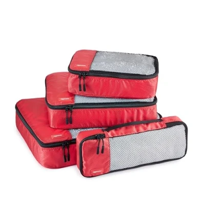Imagen de Amazon Basics Organizador Para Maletas, Organizadores de Viaje, con Cremallera, Juego 4 Bolsas, Grande/Mediano/Pequeño/Delgado, rojo