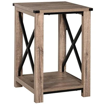 Imagen de HOMCOM Mesa Auxiliar de Café Estilo Retro Industrial con Estante Inferior Almacenaje Multifuncional Marco Forma X 40,5x40,5x60 cm Roble