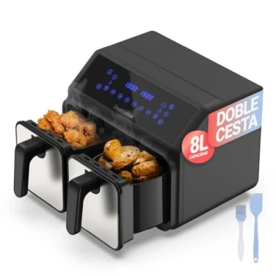 Imagen de UniversalBlue Freidora de Aire Dual 4/4L, Doble Cesta, Sin Aceite 8L, Pantalla Led, Control Táctil, Color Negro e Inox, 8 programas, Temporizador 60 minutos