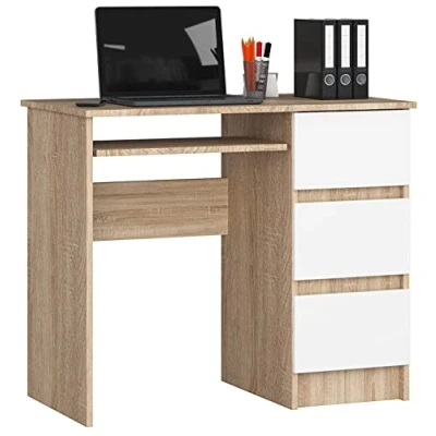 Imagen de AKORD Escritorio a 6 con Estante para Teclado y 3 cajones la Izquierda o Derecha de Oficina Ahorrar Espacio 90x77x50 cm 30 kg Roble Sonoma &amp; Blanco