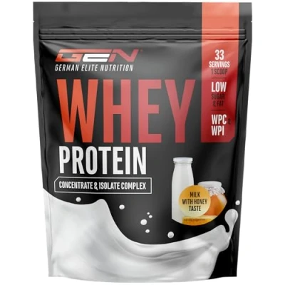 Imagen de Whey Protein Complex 1000 g (Leche con miel) contenido de aislado Polvo proteína soluble instantánea BCAA y EAA German Elite Nutrition
