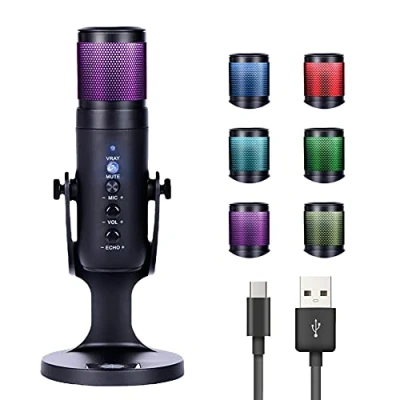 Imagen de Micrófono USB, RGB PC Gaming de Condensador Calidad Estudio para PS4 Mac LED Color Atmósfera Luz con Cable Carga Streaming Grabación Podcasting Broadcasting Live