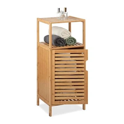 Imagen de Relaxdays Armario Mueble de Baño Bambú, 87 x 36,5 33 cm, Estantería Aseo Estrecha con Puerta, 2 Baldas Abiertas, Natural, Tablero Fibras