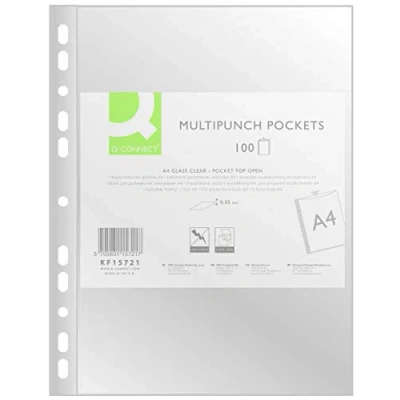 Imagen de Q Connect Punched Pockets PP, A4, Cristal, 50 micrones, 100 Unidades