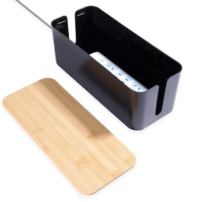 Imagen de QOEOTUY caja organizadora de cables almacenamiento: gestión con tapa bambú para organizar cables, y ocultar color negro