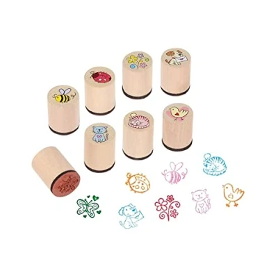 Imagen de Ameisenkeks® Juego de 8 sellos abeja, perro, gato... diferentes diseños estables madera para niños, cumpleaños, obsequios