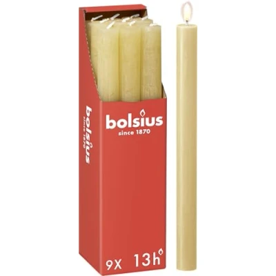 Imagen de Bolsius Velas cónicas para cenas, color beige, paquete de 9, larga duración combustión 13 horas, vela doméstica, decoración interiores, sin perfume, cera natural vegana, 27 x 2,3 cm