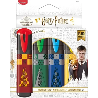 Imagen de MAPED Pack de Subrayadores Colección Harry Potter 4 con Diseño Lúdico Amarillo, Rojo, Azul y Verde Punta Biselada Tapón a Presión Ideal para Apuntes, 740701