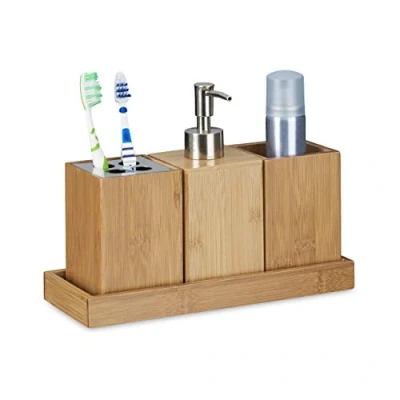 Imagen de Set de 4 Piezas para el Cuarto baño, bambú, 18.5x25x10.5cm, Soporte Cepillo Dientes, dispensador jabón, Natural