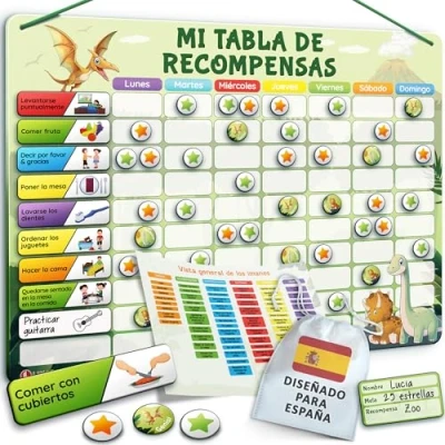 Imagen de LIKARTO Tabla de Recompensas para Niños Pizarra magnética con muchas tareas y 280 imanes Inspira el buen comportamiento Calendario educativo infantil Verde