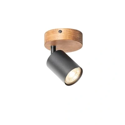 Imagen de Qazqa Foco industrial negro con madera inclinable Jeana Acero/Redonda Adecuado para LED Max. 1 x 28 Watt