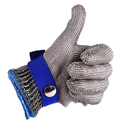 Imagen de Guante de seguridad malla acero inoxidable anticortes para carniceros, talle L, alto rendimiento, con nivel 5 protección, color azul