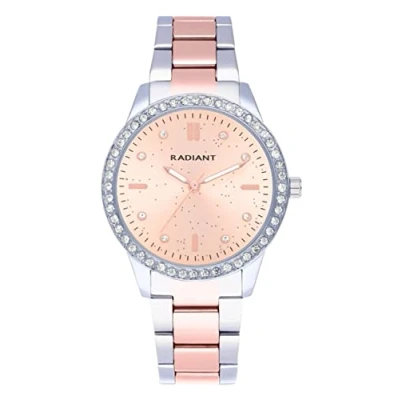 Imagen de Radiant Colección Universe Reloj analógico de Cuarzo. Pulsera para Mujer. Brazalete Plateado con Esfera Oro Rosa, Correa bitono y pedrería Rosa en el Bisel. 3ATM. 38mm.