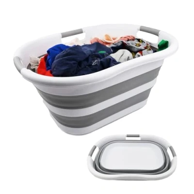 Imagen de SAMMART Cesta plegable de plástico para la colada 40 litros Contenedor almacenamiento/organizador Bañera portátil ahorro espacio (1, blanco/gris)