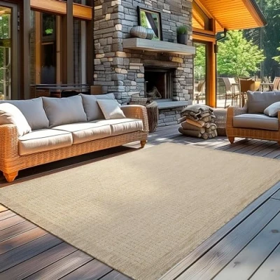Imagen de Carpetsale24 Alfombra para Exteriores, Resistente a la Intemperie, Tejido Plano Liso, de Cocina, balcón, jardín, Patio, Beige 60 x 100 cm