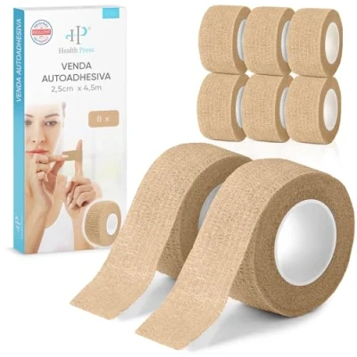 Imagen de Health Press® Venda para Dedos Auto adhesiva 8 Rollos Beige (2,5cm x 4,5m) Impermeable Vendaje Elástico de Fijación Cinta Resistente al Polvo, Grasa y Suciedad Manos