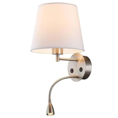 Imagen de Alpinaluz Aplique de Pared con Luz Lectura LED 3W y Pantalla Textil Blanca Estilo Elegante Níquel Satinado Casquillo E27 Doble Interruptor para Dormitorio, Cabecero, Hotel o Estudio