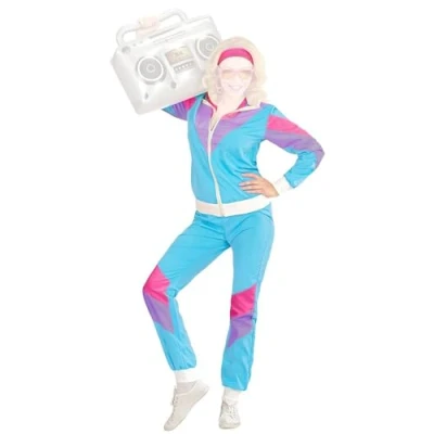 Imagen de com four® Auténtico Disfraz de los 80 para Hombre y Mujer Chaqueta, pantalón, Diadema, 2 Cintas el Interior Disfraces, Carnaval, JGA, Fiesta temática Unisex, Talla M