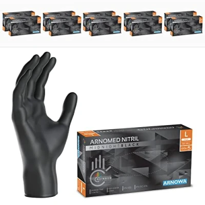 Imagen de ARNOMED guantes nitrilo negro talla L, de nitrilo, 10 cajas (1000 uds), negros sin polvo y látex, desechables, mecanico en XS, S, M, XL, XXL
