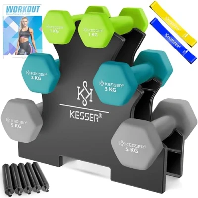 Imagen de KESSER® juego de mancuernas, 3 pares, 1 kg 5 kg, 12 o 18 con soporte, almacenamiento, gimnasio, entrenamiento fuerza, pesas neopreno antideslizante, cuaderno ejercicios,