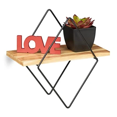 Imagen de Relaxdays Estante de Pared Industrial, MDF y Metal, Repisa Flotante, Marco Diamante, 30 x 15 cm, Natural Negro, Tablero Fibras