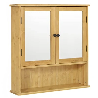 Imagen de EUGAD Armario Baño de Bambú, Pared con Puertas Espejo, Mueble 1 Estante Ajustable y Compartimiento Abierto, para Baño, Cocina Dormitorio, 56x14x58 cm