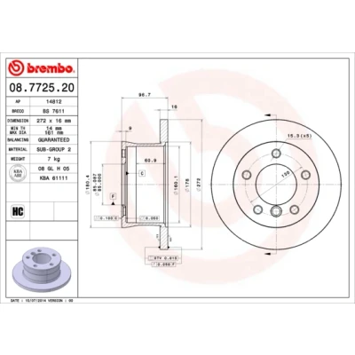 Imagen de BREMBO 08.7725.20 Disco de freno 272 16 5 macizo altamente carbonizado MERCEDES BENZ: Sprinter 3 T Furgón, 2 Furgón