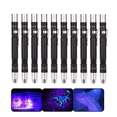 Imagen de Detector de luz la linterna Antorcha ultravioleta blanco púrpura para prueba Mini pluma UV 395nm 2 en 1 LED Fuente Penlight Blacklight (10 paquete)