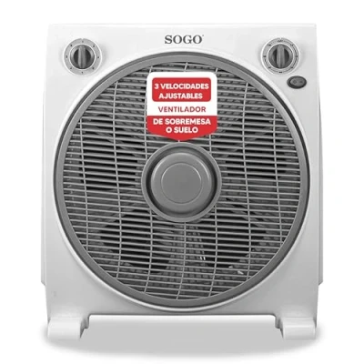 Imagen de SOGO Ventilador de sobremesa o suelo FanBox con 3 velocidades, bajo en ruido, temporizador hasta 1 hora, 5 aspas, y rejilla difusor rotatoria (38x40 cm)