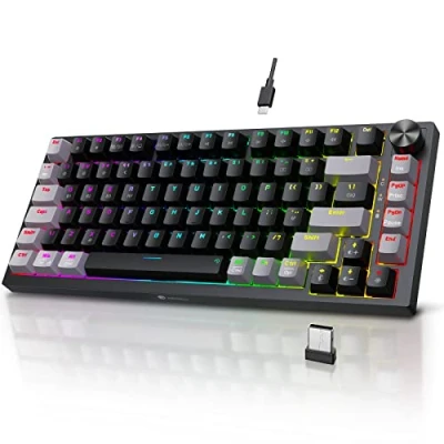 Imagen de KOORUI Teclados para juegos, 26 RGB retroiluminados, teclado mecánico inalámbrico/con cable, compatible con Bluetooth, 82 teclas, batería recargable de 4000 mAh, diseño del Reino Unido interruptor