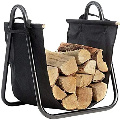 Imagen de Bakaji Cuna leña, soporte de metal con cesta para tejido Oxford, interior, casa, chimenea, estufa, diseño moderno, color negro, tamaño 40 x 45 32 cm (Design 2)