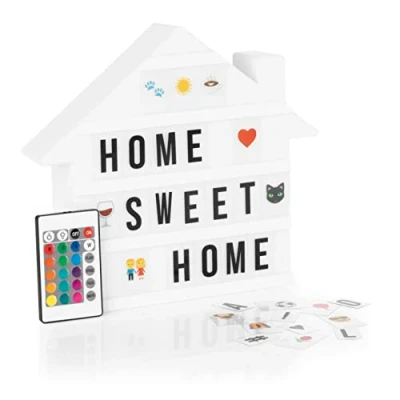 Imagen de EASYmaxx Caja de luz LED para mensajes texto personalizados MegaSet con 150 emojis colores y 173 letras, números símbolos intercambiables [Casa]