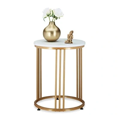 Imagen de Relaxdays Mesa Auxiliar MARMO, Mesita Salón, Metal y MDF, Tablero Redondo, Efecto Mármol, 51 x 41 cm, Blanco Dorado, Hierro