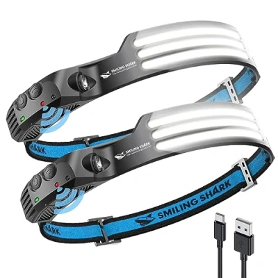 Imagen de Smiling Shark Linterna Frontal, 230Gran Angular 3*Tiras Luz LED Blanco de la Headlight Más Brillante Recargable con Sensor Movimiento Impermeable Camping Ciclismo, Frontal Cabeza Light