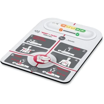 Imagen de LifePad by Beurer, ayuda a la reanimación, guía través de las medidas prescribe frecuencia y presión compresión óptimas, al posicionamiento correcto