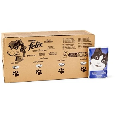 Imagen de Purina Felix Le Ghiottonerie Comida húmeda para Gatos con Ternera, Pollo, Bacalao y atún, 80 Sobres de 100 g Cada una