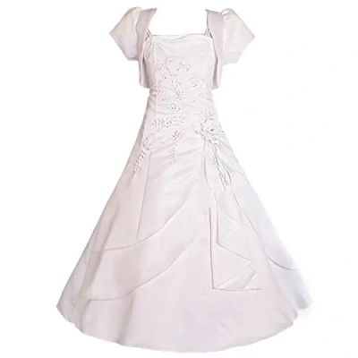Imagen de Lito Angels Elegante Vestidos de Raso Blanco con Chaqueta Bolero para Niñas, Boda Fiesta Ceremonia Comunión, Talla 5 6 años