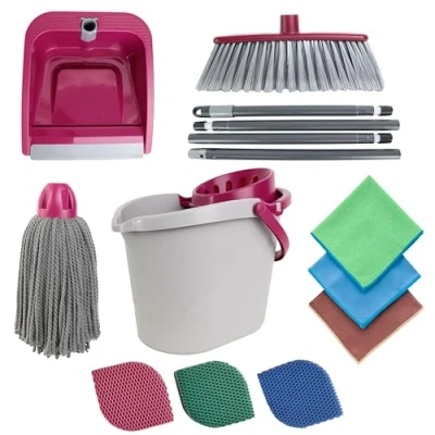 Imagen de MAYA Set de Limpieza Completo Atomic. Eficiente en Tu Hogar. Escoba Multiusos, Fregona, Recogedor Plegable, Cubo 14L. Incluye Estropajos EVO Vajillas y Baños + 3 Bayetas Pack Hogar