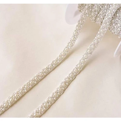 Imagen de Bene Omnia cinta de encaje novia con cuentas perlas 2 yardas, borde para manualidades, costura, vestido novia, tela, decoración bricolaje, 1 cm